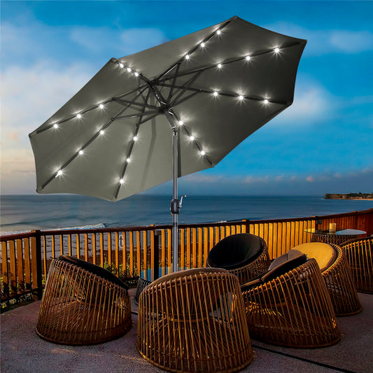 9-foot patio umbrella with 24 LED lights and 8 ribs hanging outdoor night curtain with UV protection.